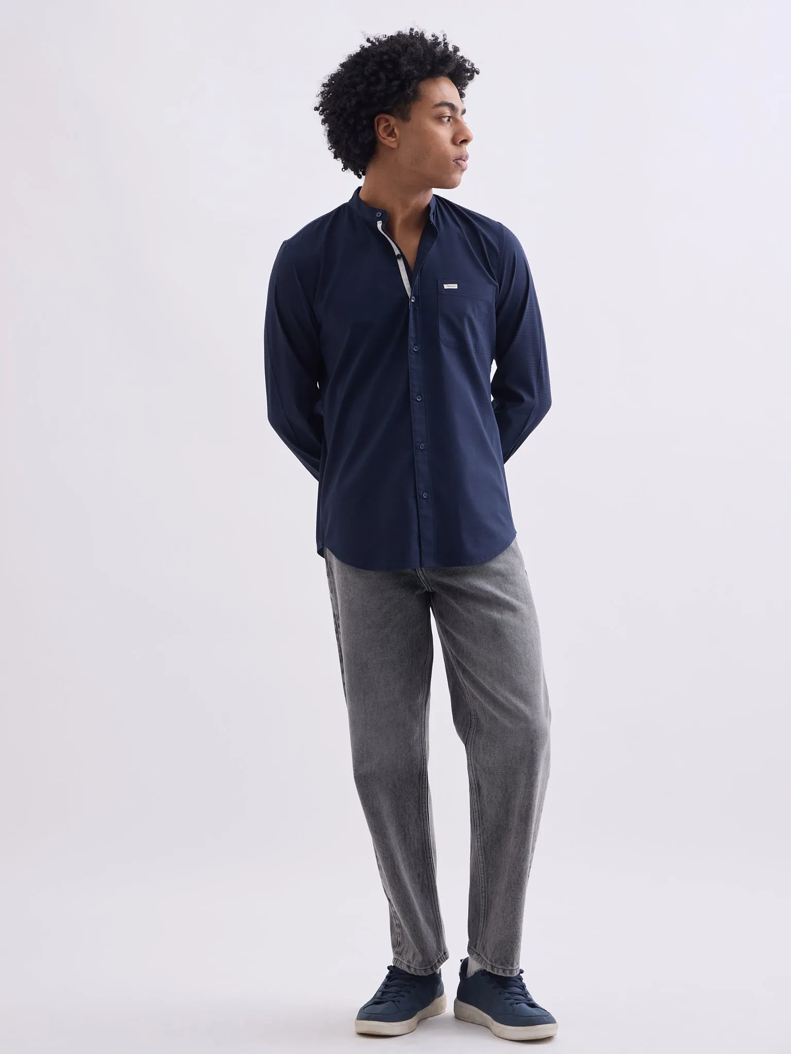 Navy Chinese Collar Slim Fit Shirt