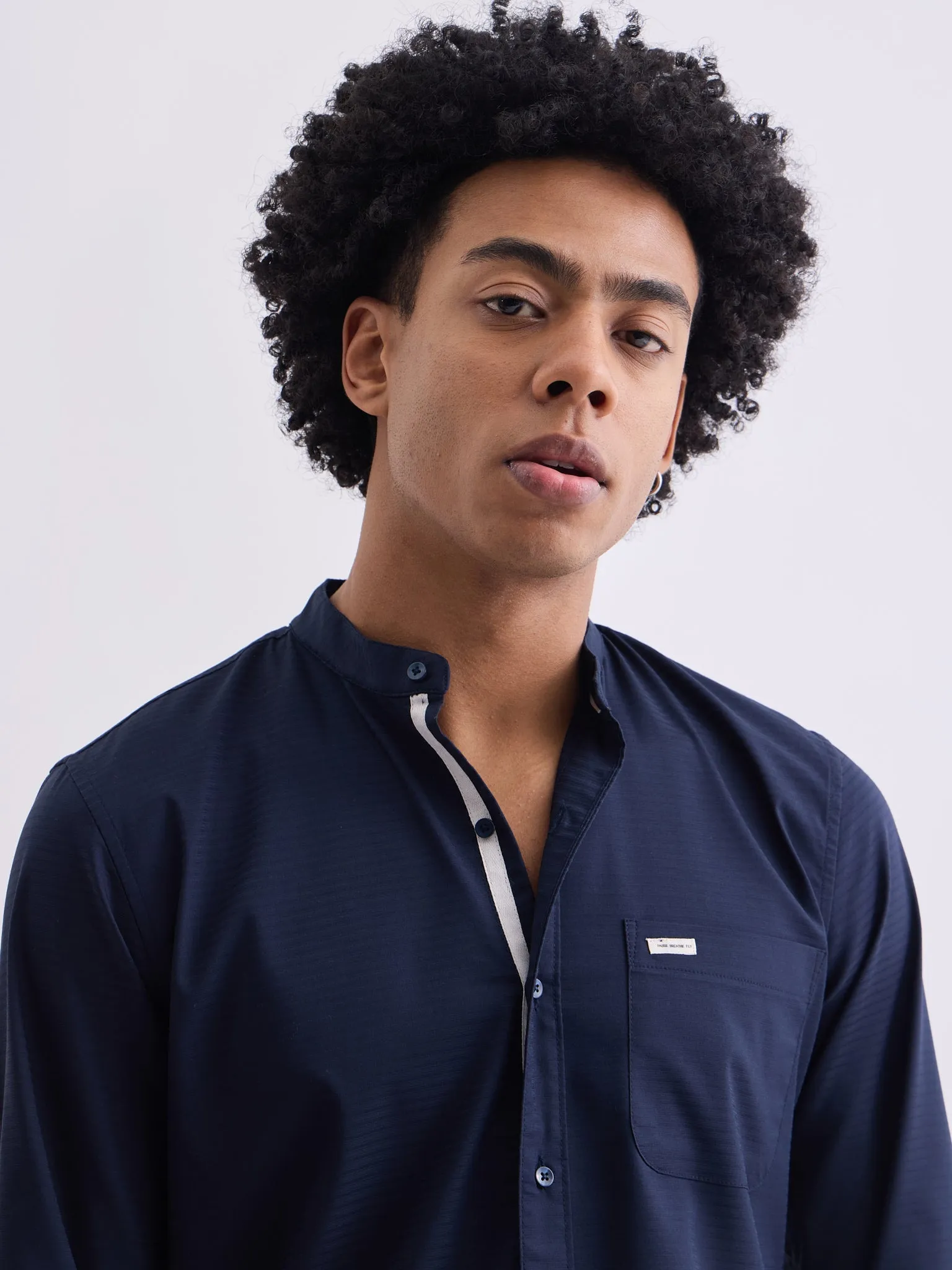 Navy Chinese Collar Slim Fit Shirt