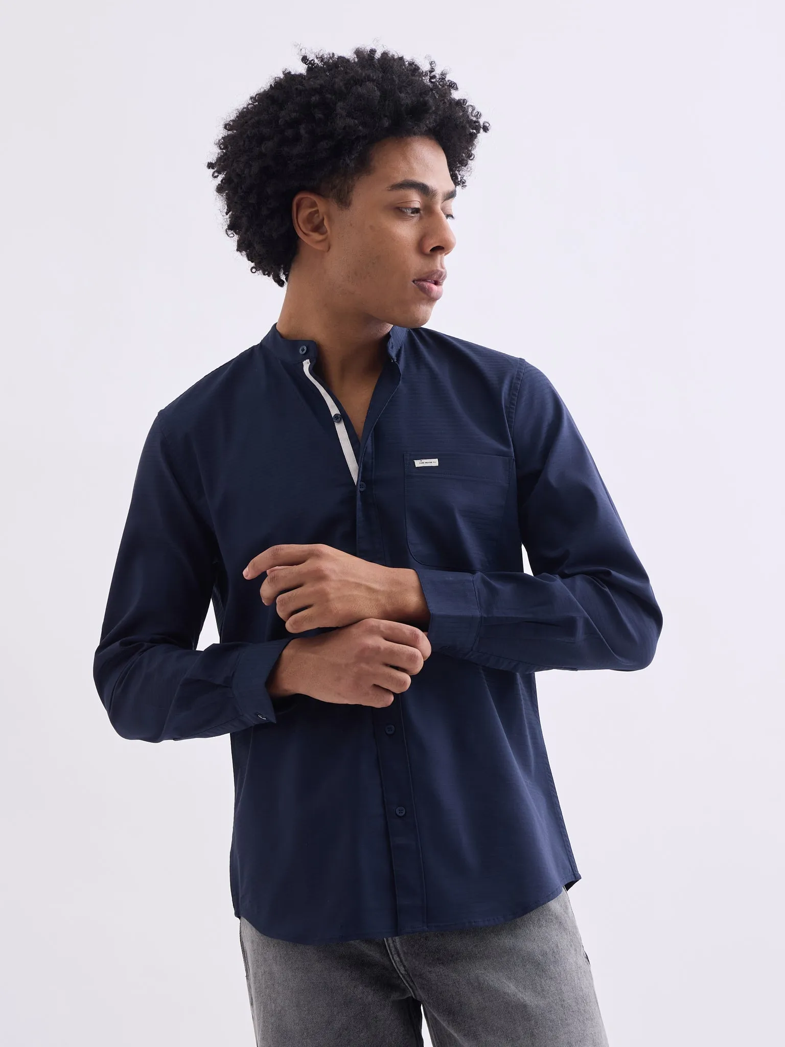 Navy Chinese Collar Slim Fit Shirt
