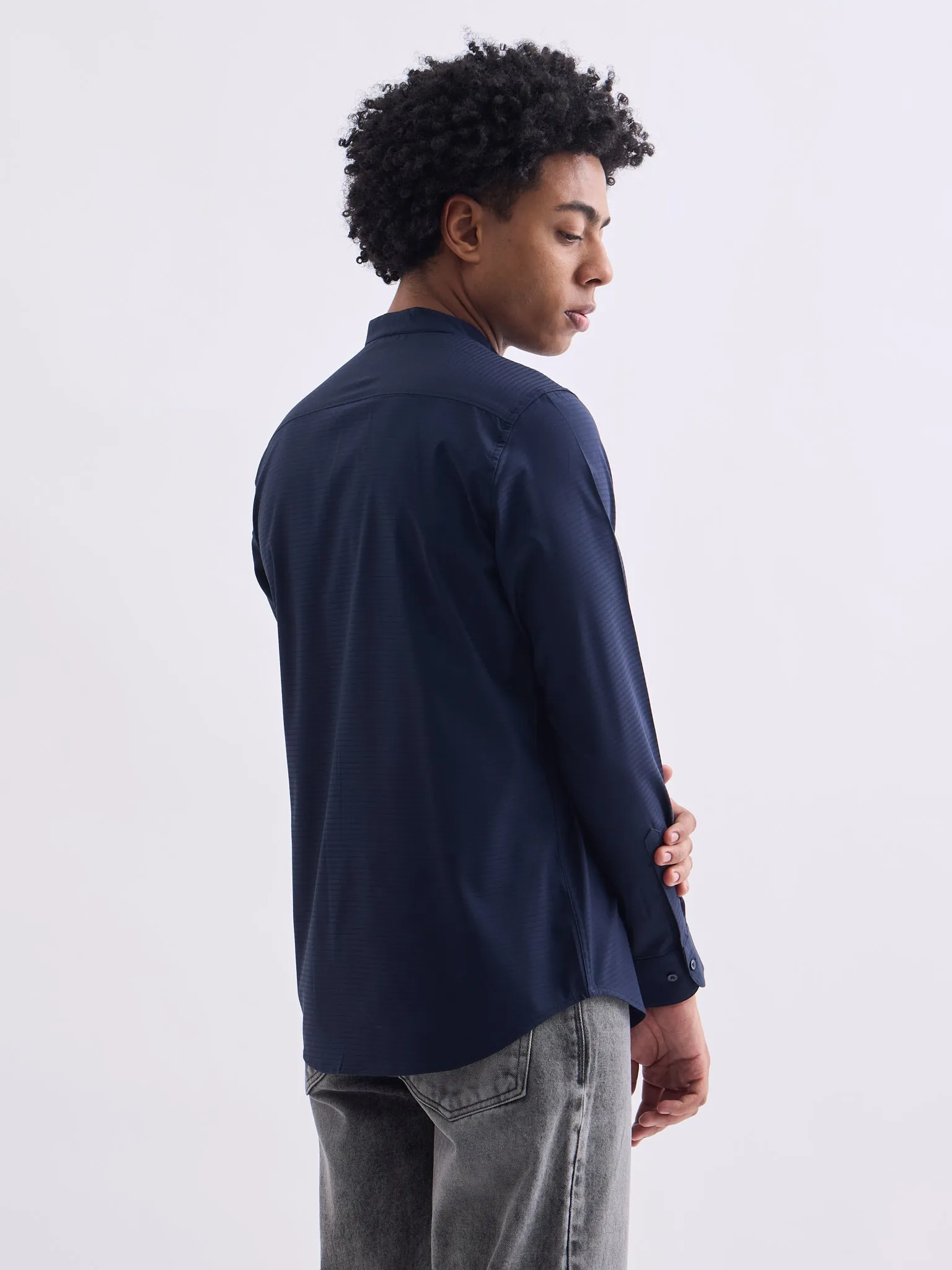 Navy Chinese Collar Slim Fit Shirt