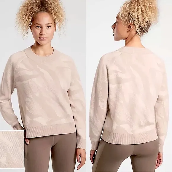NWOT Athleta Jacquard Textured Crew Sweater ABSTRACT CREAM Camo Wool 632069 S