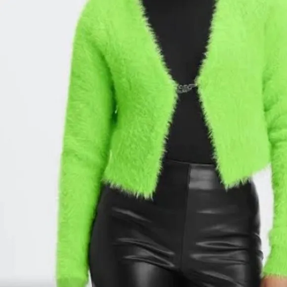 NWT  Fabletics Mini Crop Cardigan Fuzzy Sweater COLOR -Sour Apple / Neon Green
