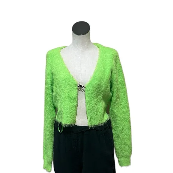 NWT  Fabletics Mini Crop Cardigan Fuzzy Sweater COLOR -Sour Apple / Neon Green