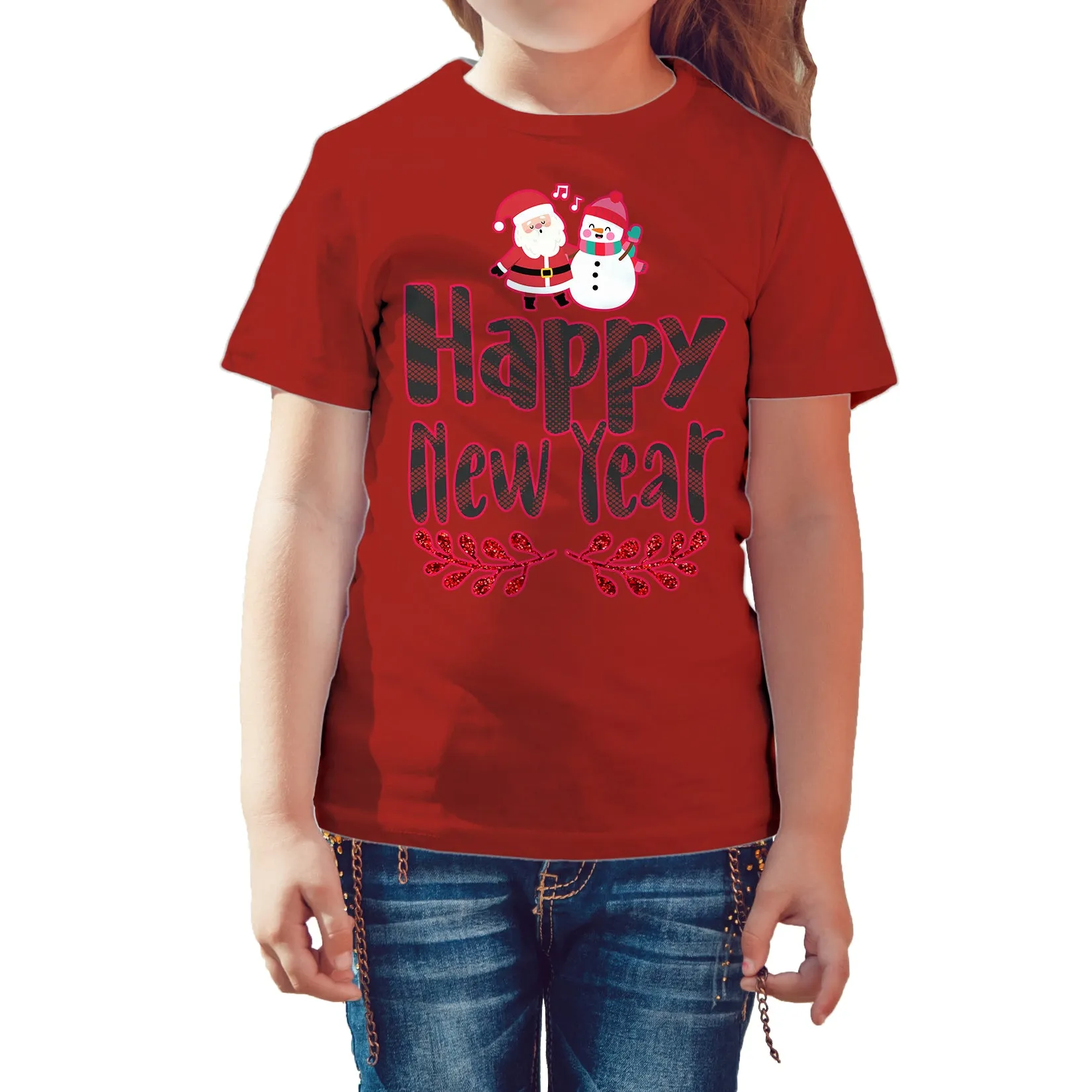 NYE Happy New Year Santa Sparkle Snowman Bling Cute Family Kid's T-Shirt