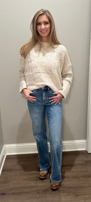 Oatmeal Checker Mock Neck Sweater Top