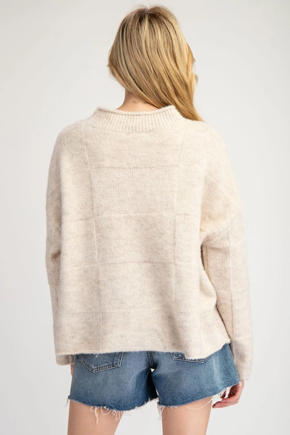 Oatmeal Checker Mock Neck Sweater Top