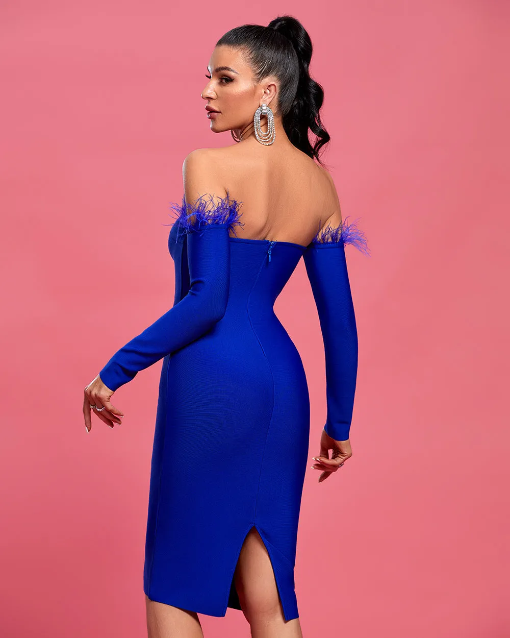 Off Shoulder Feather Trim Midi Bandage Dress