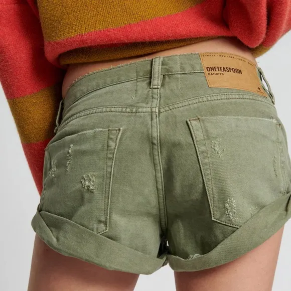 One Teaspoon X Free People Super Military Khaki Bandits Denim Shorts Green 27