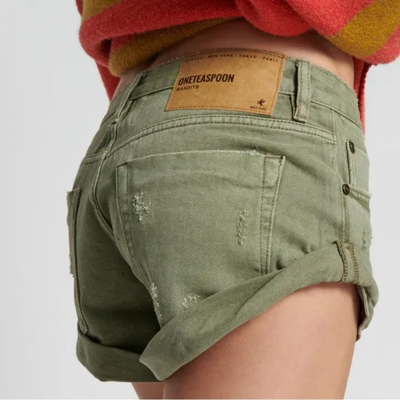 One Teaspoon X Free People Super Military Khaki Bandits Denim Shorts Green 27