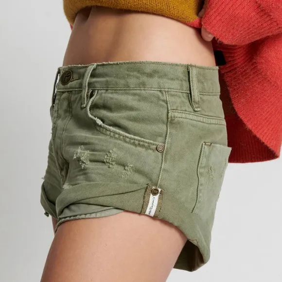 One Teaspoon X Free People Super Military Khaki Bandits Denim Shorts Green 27