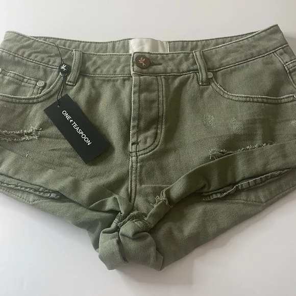 One Teaspoon X Free People Super Military Khaki Bandits Denim Shorts Green 27
