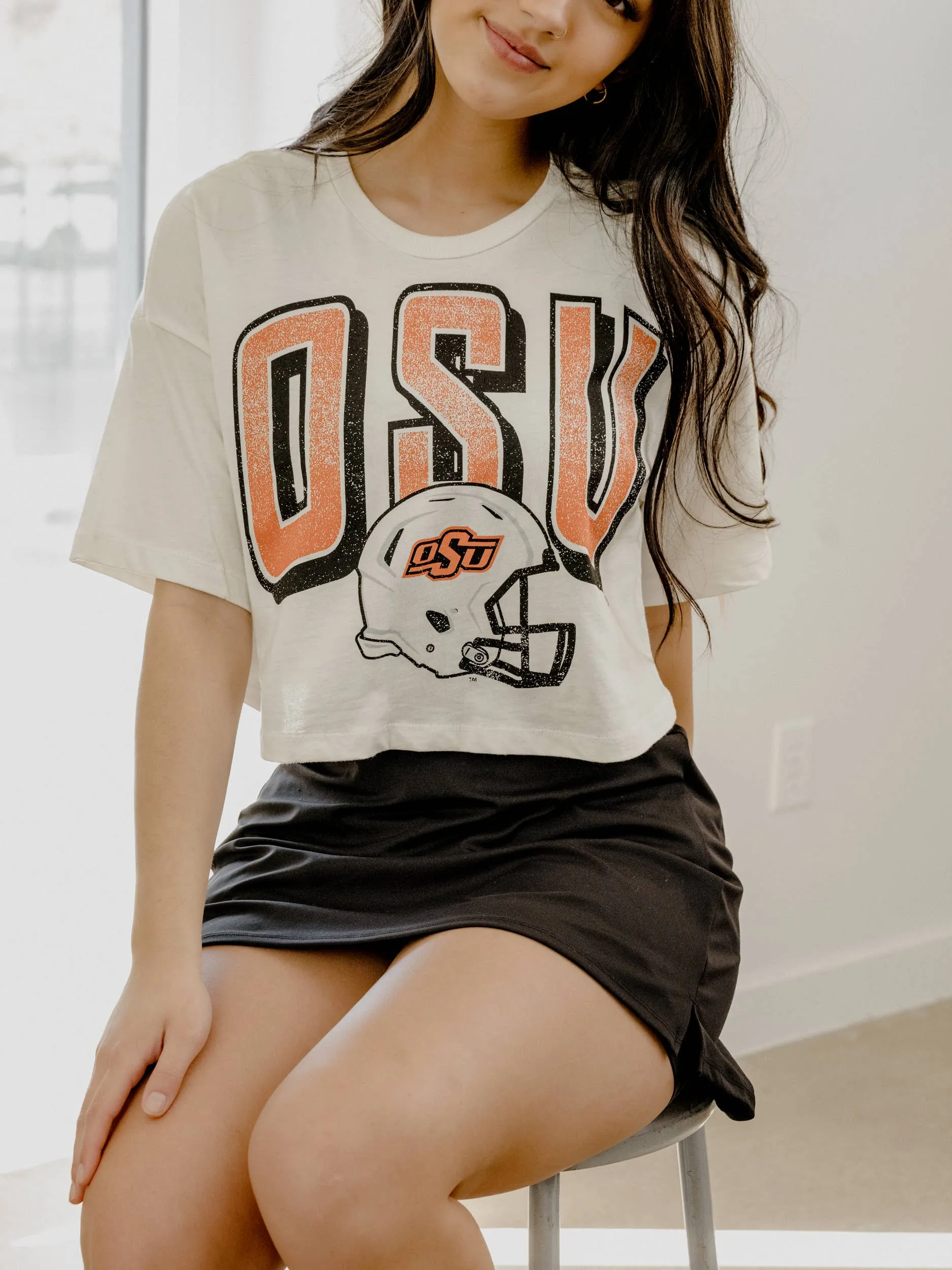 OSU Cowboys Helmet Fade Off White Cropped Tee
