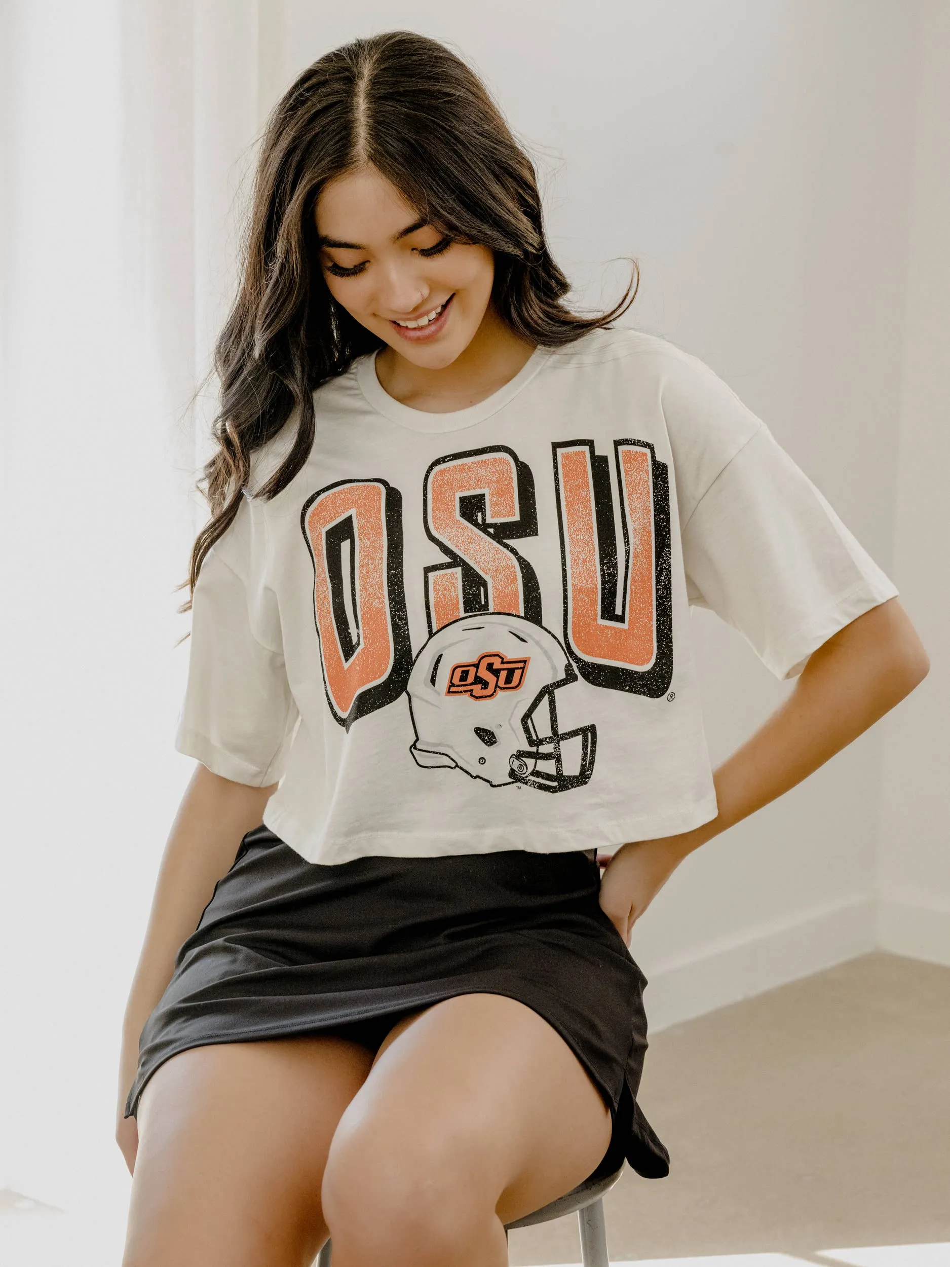 OSU Cowboys Helmet Fade Off White Cropped Tee