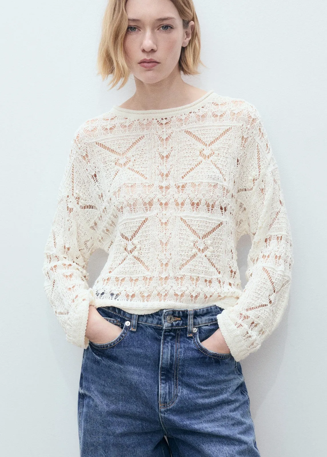 Oversized openwork knitted sweater - Light Beige