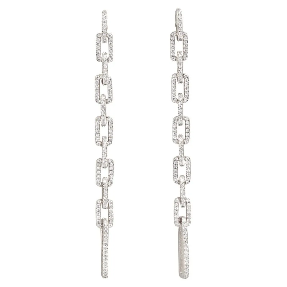 PAVÉ ELONGATED LINK DROP EARRINGS - RHODIUM