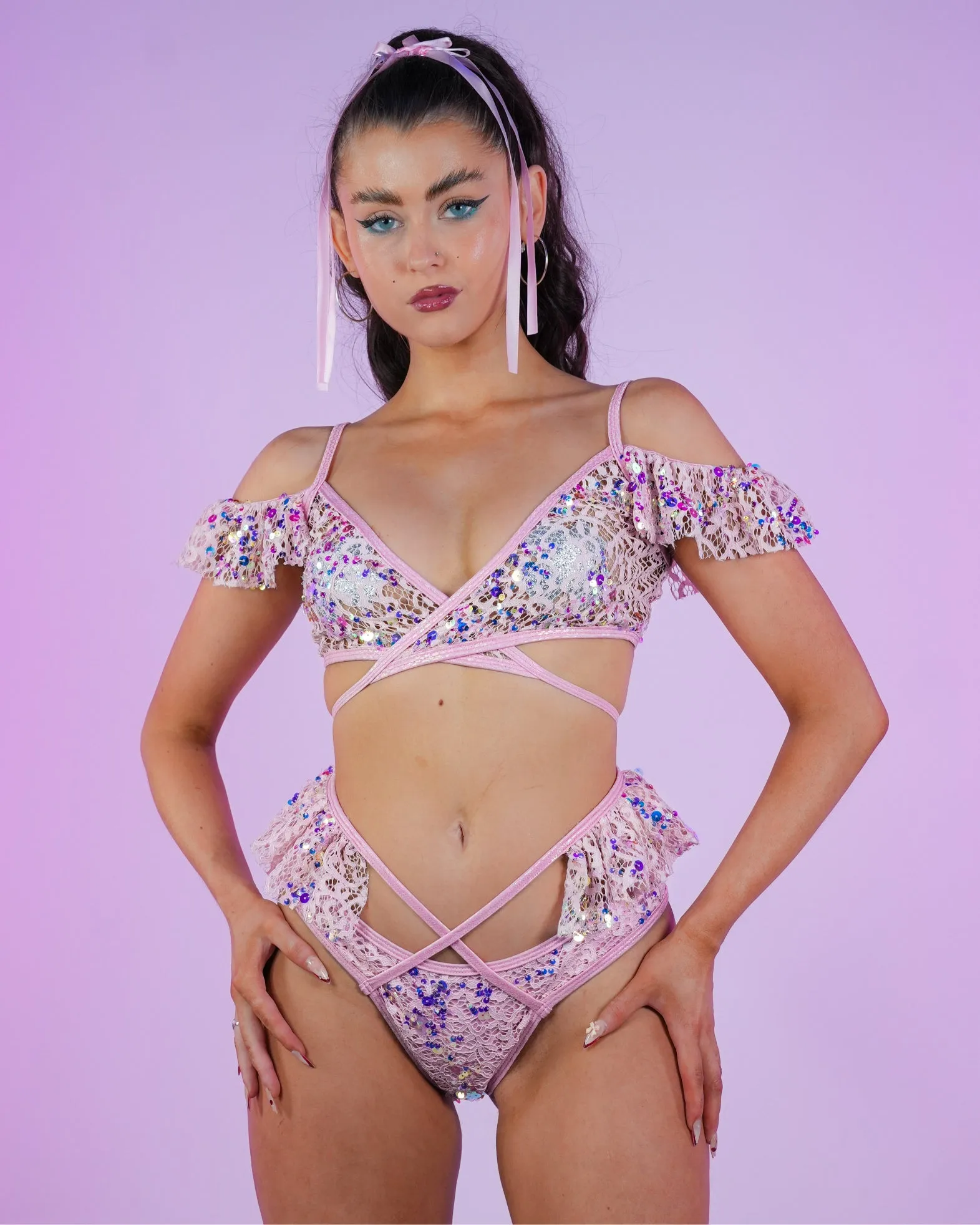Pink Blush Sequin Net Ruffle Bottoms