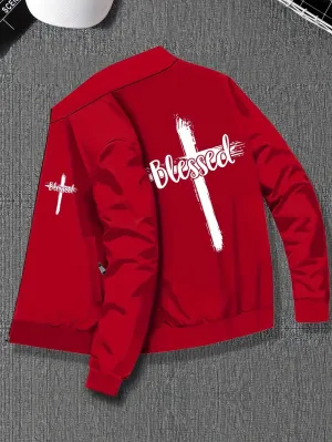 Plus Size Men's Stylish Jacket with Blessed & Cross Print, Comfy Versatile Fashionable Outerwear, Pockets, Zipper