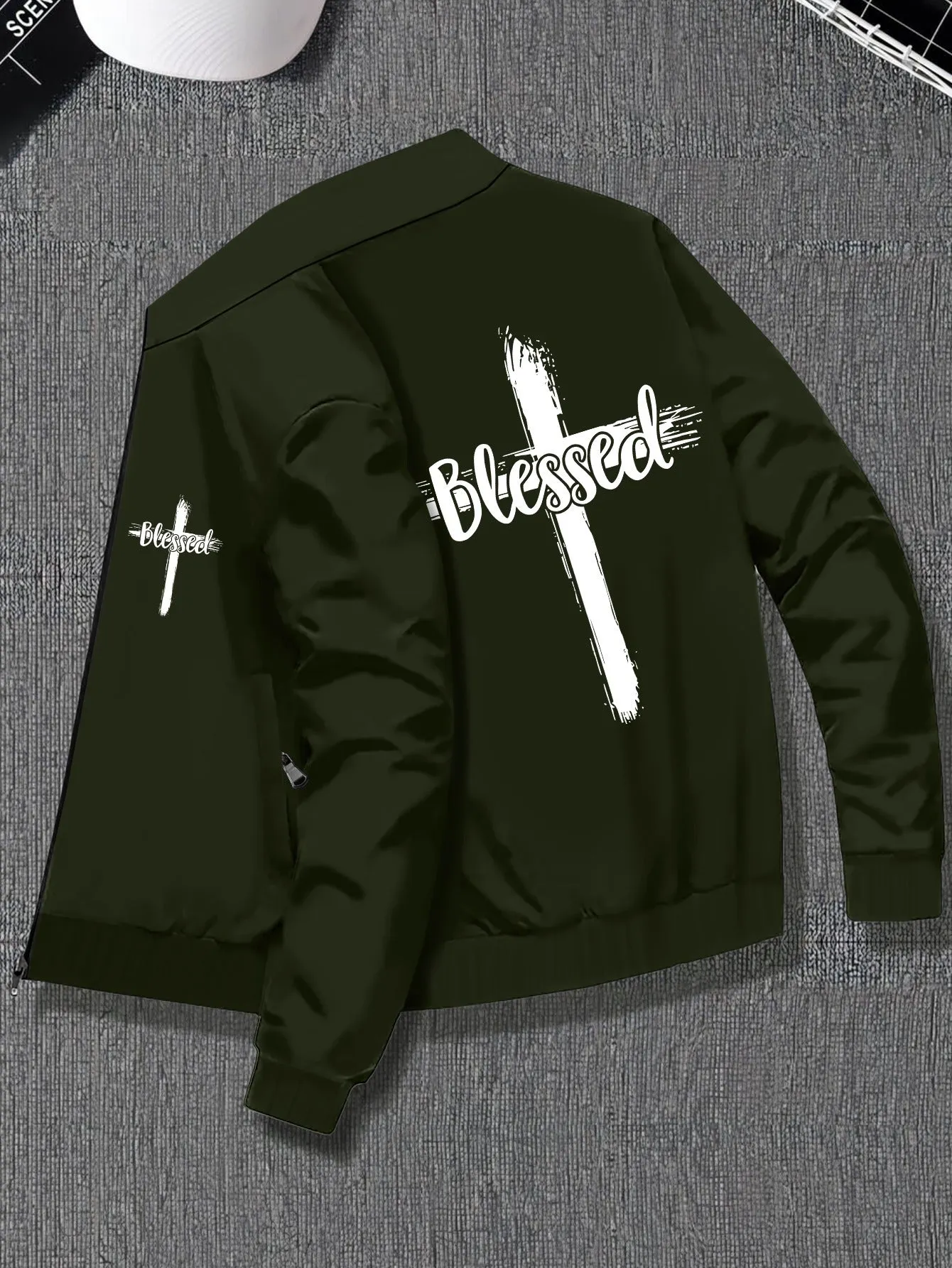 Plus Size Men's Stylish Jacket with Blessed & Cross Print, Comfy Versatile Fashionable Outerwear, Pockets, Zipper