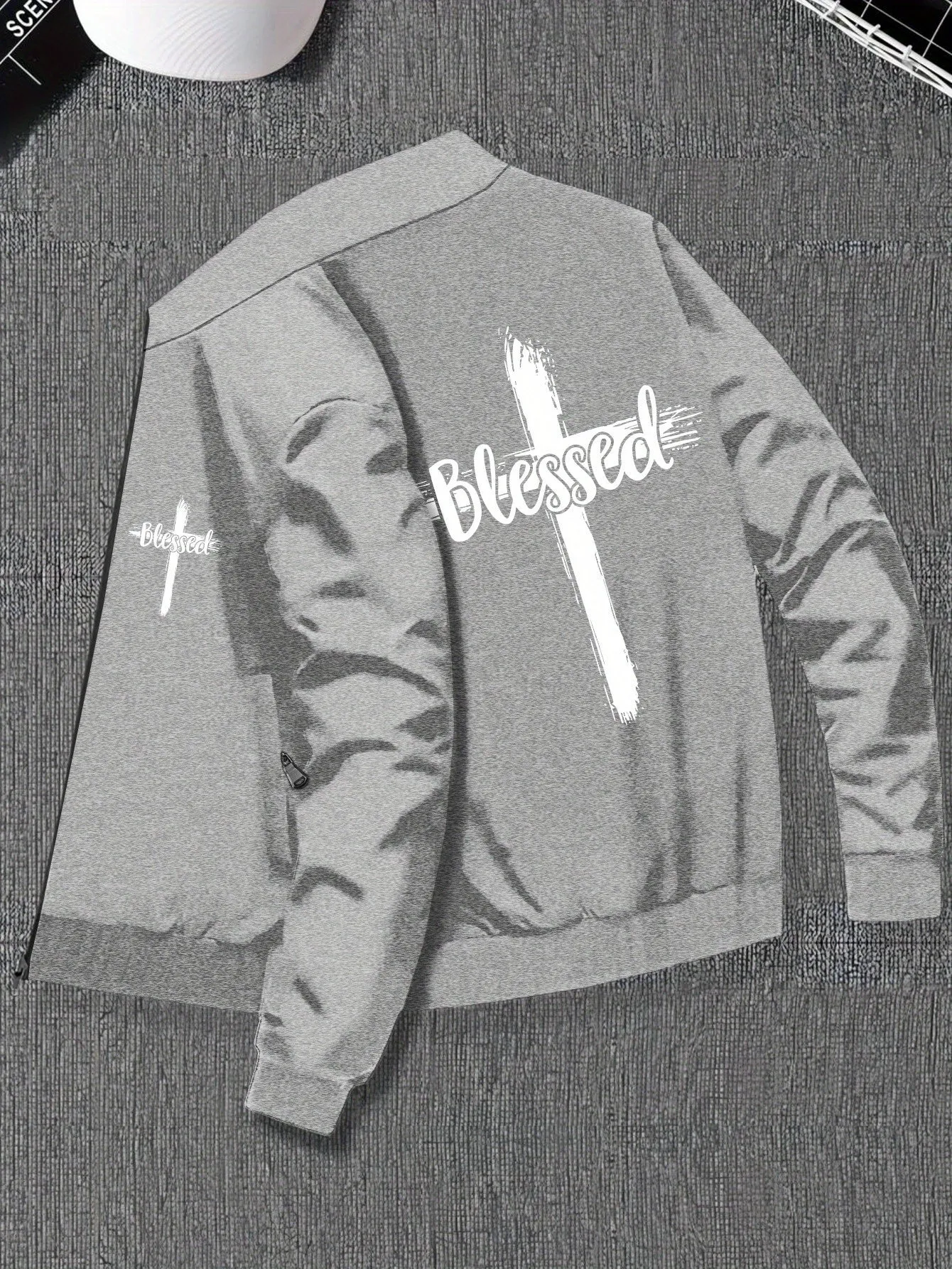 Plus Size Men's Stylish Jacket with Blessed & Cross Print, Comfy Versatile Fashionable Outerwear, Pockets, Zipper