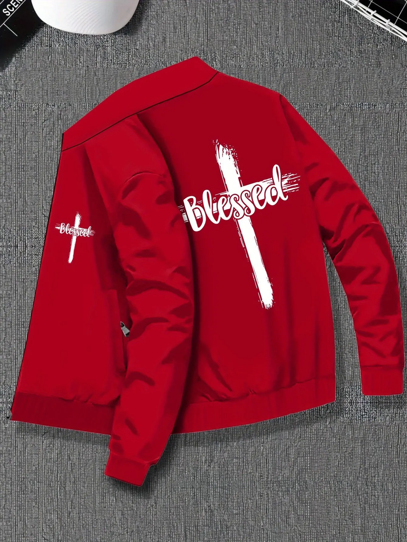 Plus Size Men's Stylish Jacket with Blessed & Cross Print, Comfy Versatile Fashionable Outerwear, Pockets, Zipper