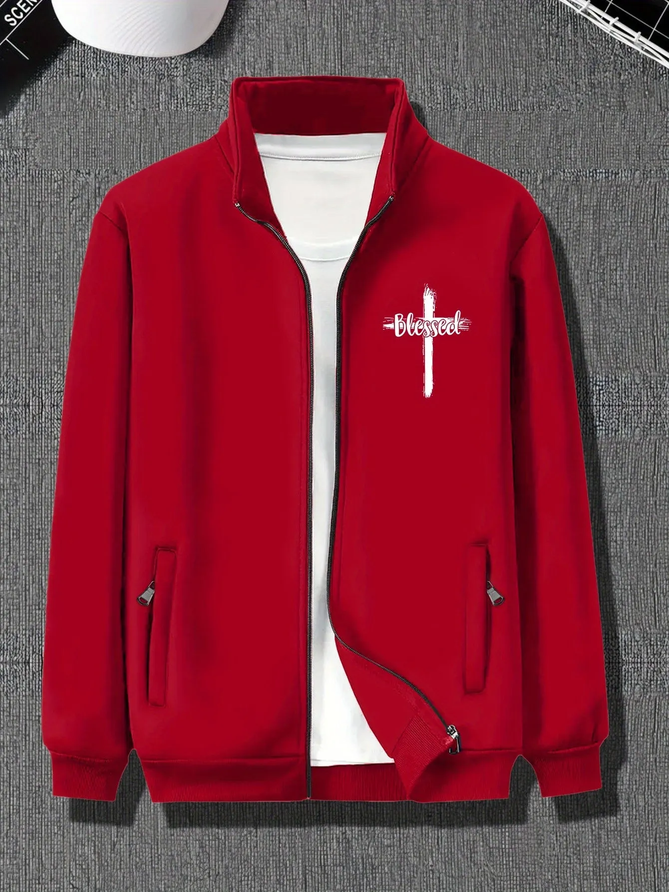 Plus Size Men's Stylish Jacket with Blessed & Cross Print, Comfy Versatile Fashionable Outerwear, Pockets, Zipper