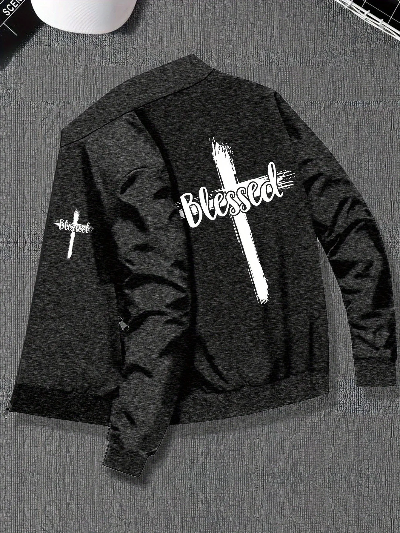 Plus Size Men's Stylish Jacket with Blessed & Cross Print, Comfy Versatile Fashionable Outerwear, Pockets, Zipper
