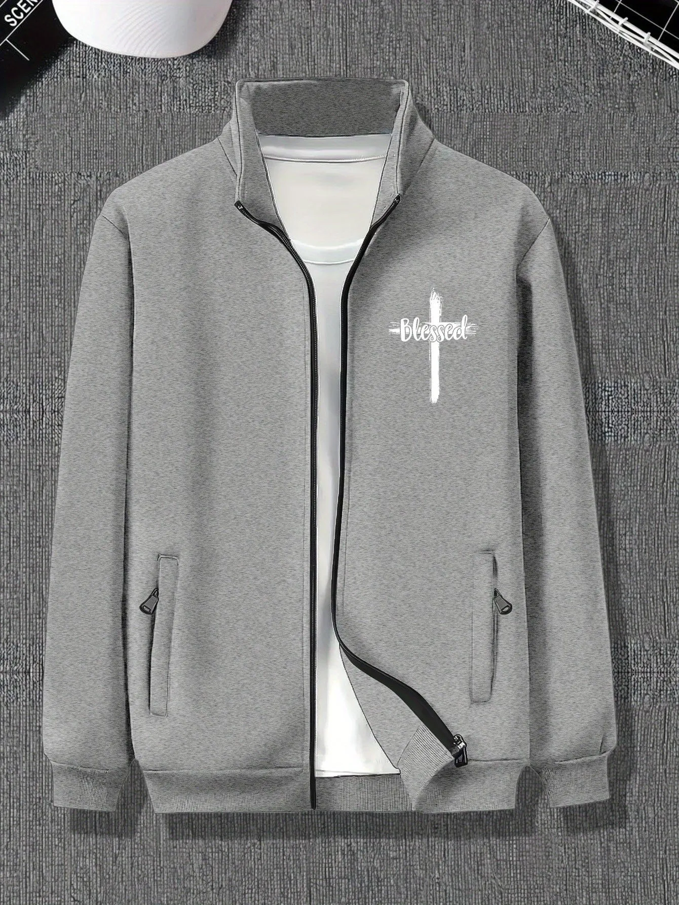 Plus Size Men's Stylish Jacket with Blessed & Cross Print, Comfy Versatile Fashionable Outerwear, Pockets, Zipper