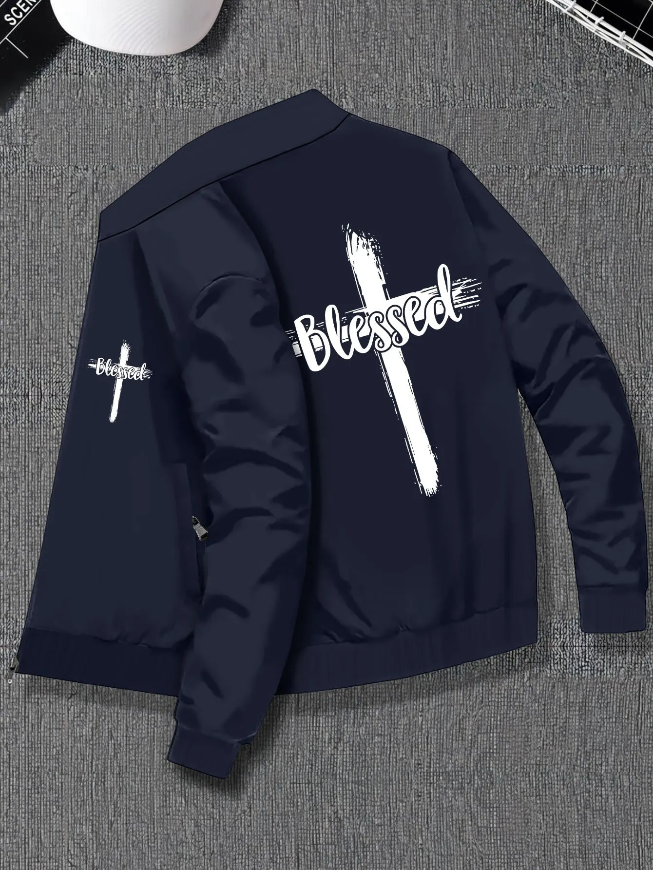 Plus Size Men's Stylish Jacket with Blessed & Cross Print, Comfy Versatile Fashionable Outerwear, Pockets, Zipper