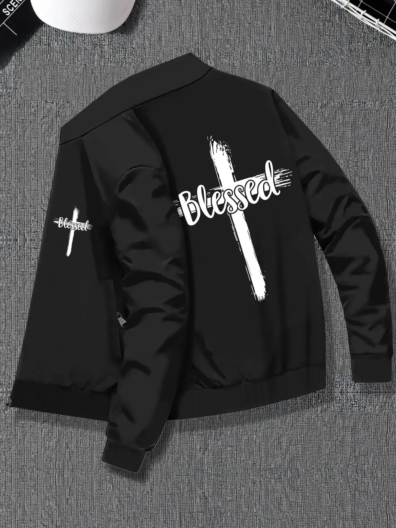 Plus Size Men's Stylish Jacket with Blessed & Cross Print, Comfy Versatile Fashionable Outerwear, Pockets, Zipper