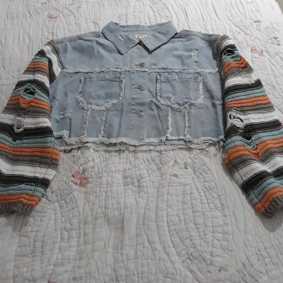 POL clothing Cropped Denim Crochet Distressed Sweater Sleeves Size Small
