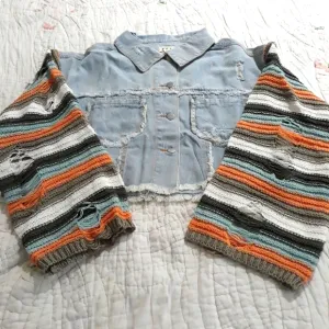 POL clothing Cropped Denim Crochet Distressed Sweater Sleeves Size Small