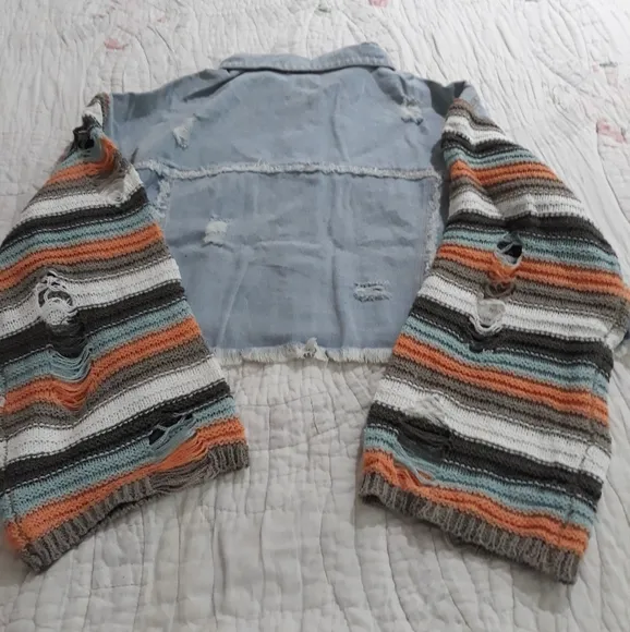 POL clothing Cropped Denim Crochet Distressed Sweater Sleeves Size Small