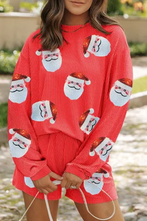 PREORDER Sequin Santa Round Neck Long Sleeve Top and Shorts Set