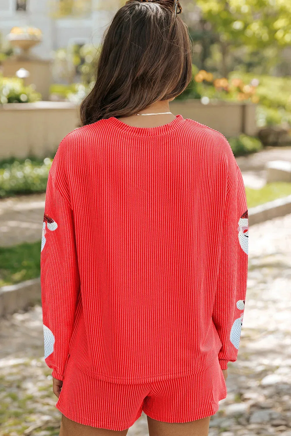 PREORDER Sequin Santa Round Neck Long Sleeve Top and Shorts Set