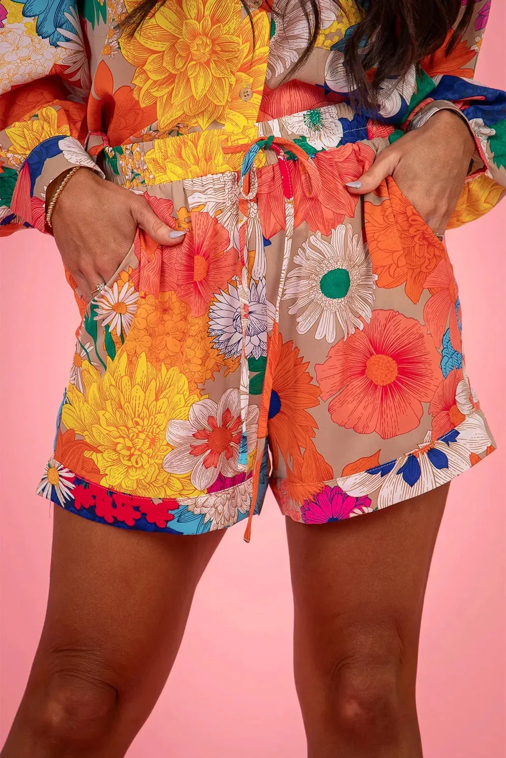 Printed Button Up Long Sleeve Top and Shorts Set