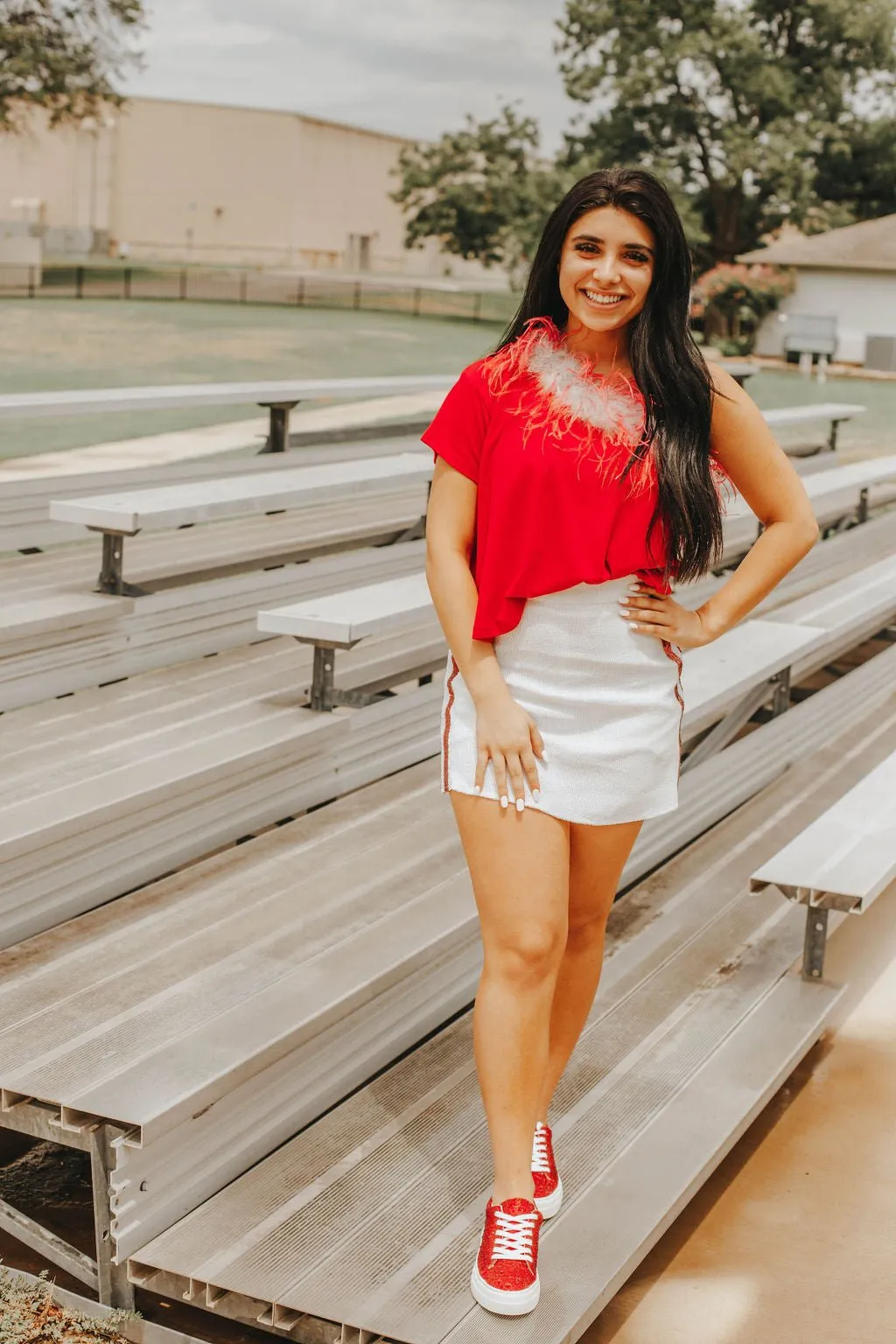 Queen Of Sparkles: One Shoulder Feather Tee Red & White