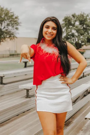 Queen Of Sparkles: One Shoulder Feather Tee Red & White
