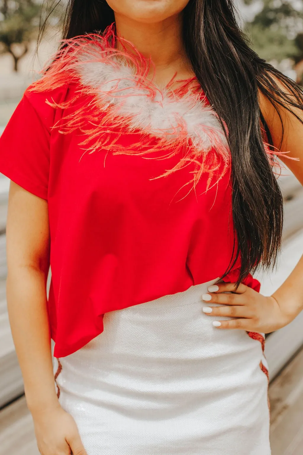 Queen Of Sparkles: One Shoulder Feather Tee Red & White