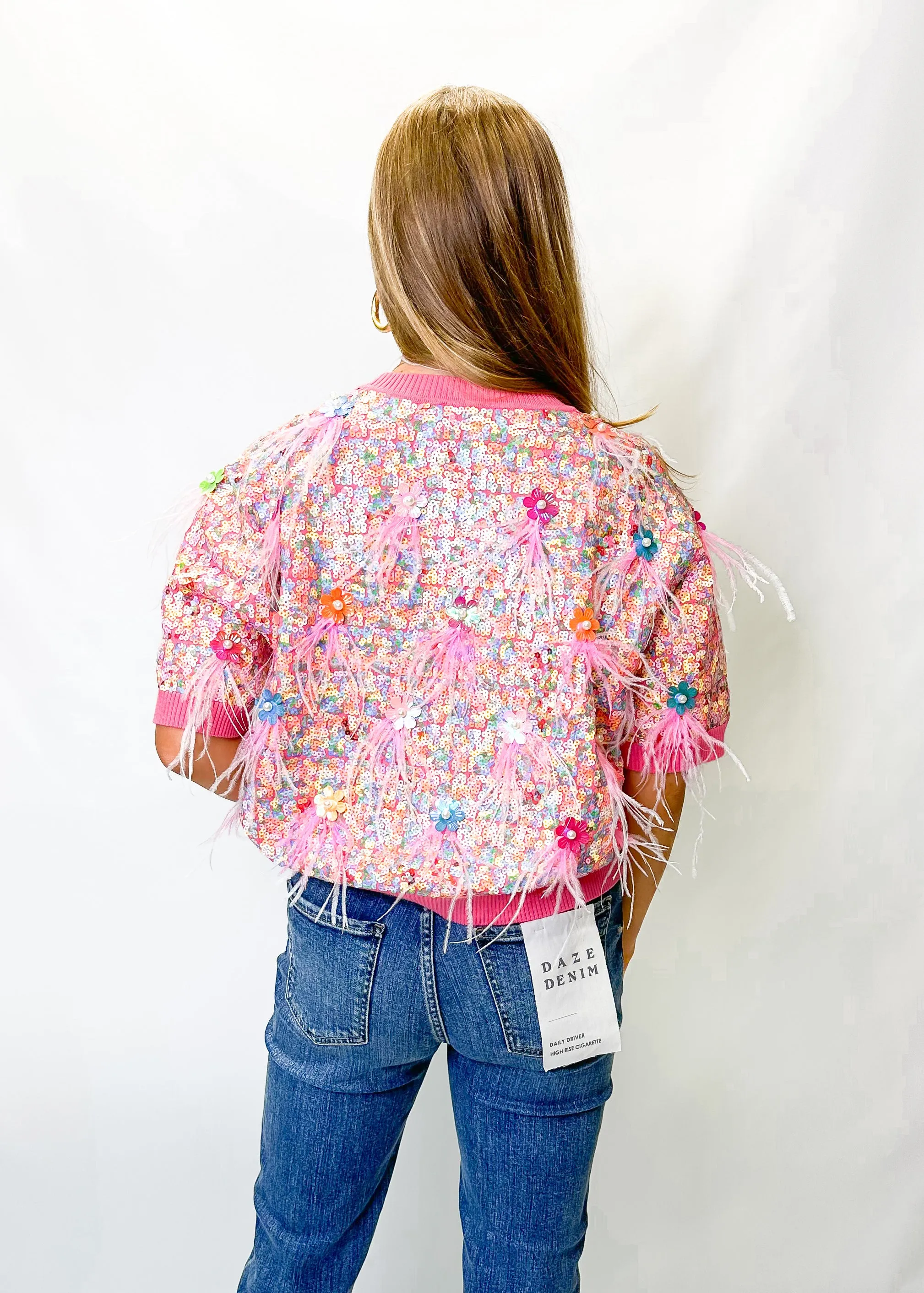 Queen of Sparkles Pink Multi Sequin Feather Sweater Top
