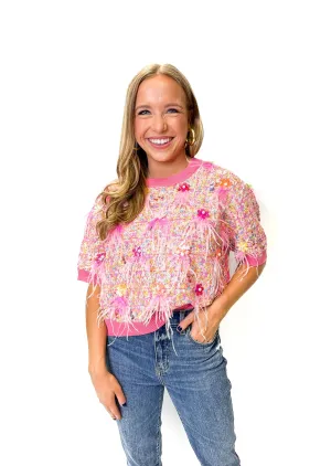 Queen of Sparkles Pink Multi Sequin Feather Sweater Top