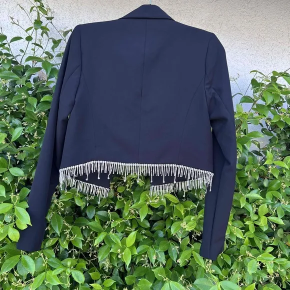 Rachel Zoe Rhinstone Fringe Cropped Blazer Jacket Black Size XS fits Small NWOT
