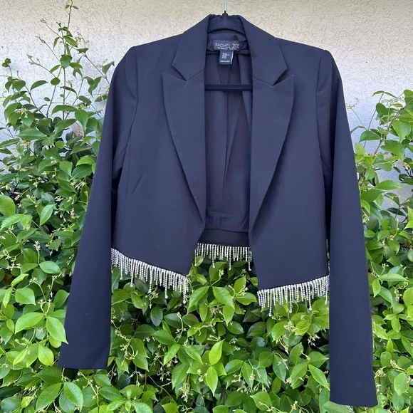Rachel Zoe Rhinstone Fringe Cropped Blazer Jacket Black Size XS fits Small NWOT