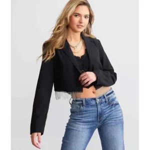 Rachel Zoe Rhinstone Fringe Cropped Blazer Jacket Black Size XS fits Small NWOT