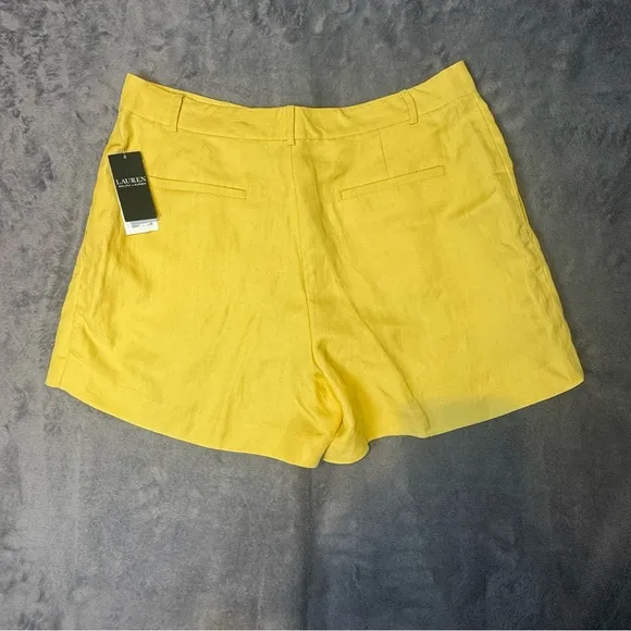 Ralph Lauren Pleated Linen-Blend Twill Shorts Primrose Yellow Size 12 New