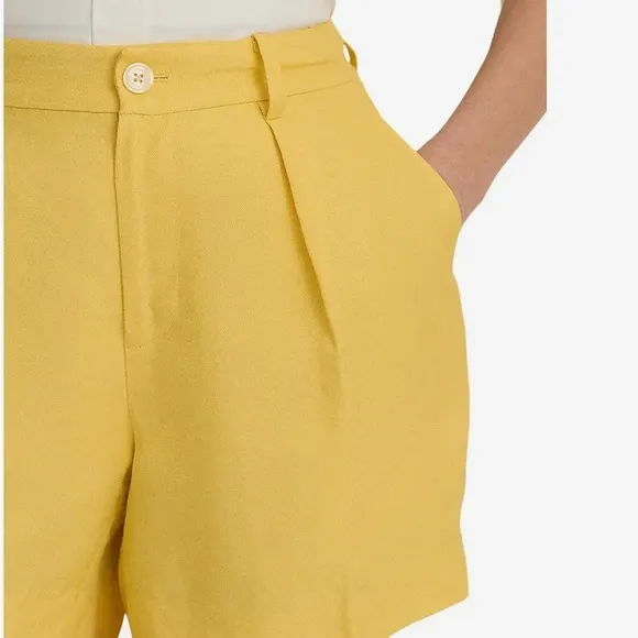 Ralph Lauren Pleated Linen-Blend Twill Shorts Primrose Yellow Size 12 New