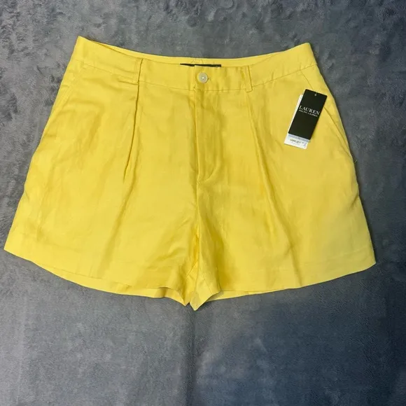 Ralph Lauren Pleated Linen-Blend Twill Shorts Primrose Yellow Size 12 New