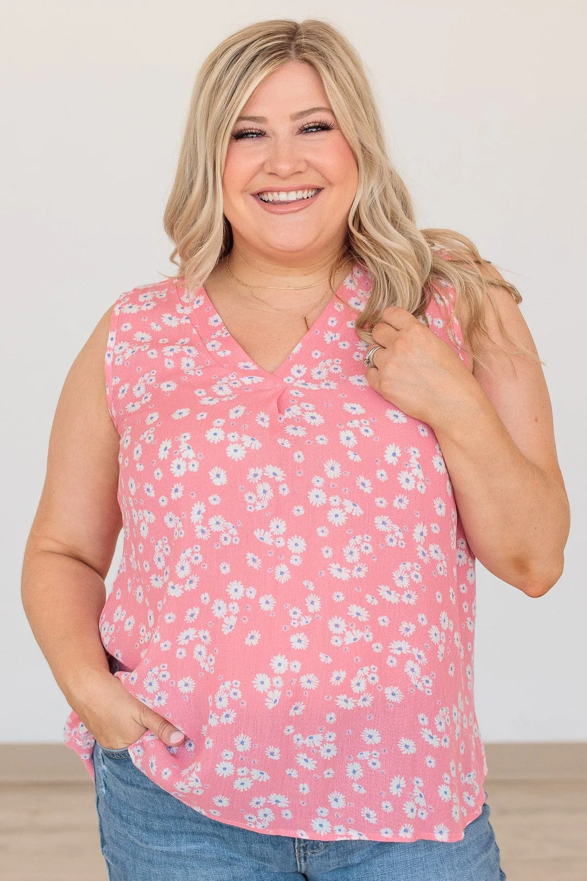 Reach For The Sky Floral V-Neck Tank- Pink