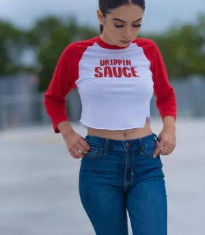 Red Glitter Drippin Sauce | Cropped White/Red Baseball Tee