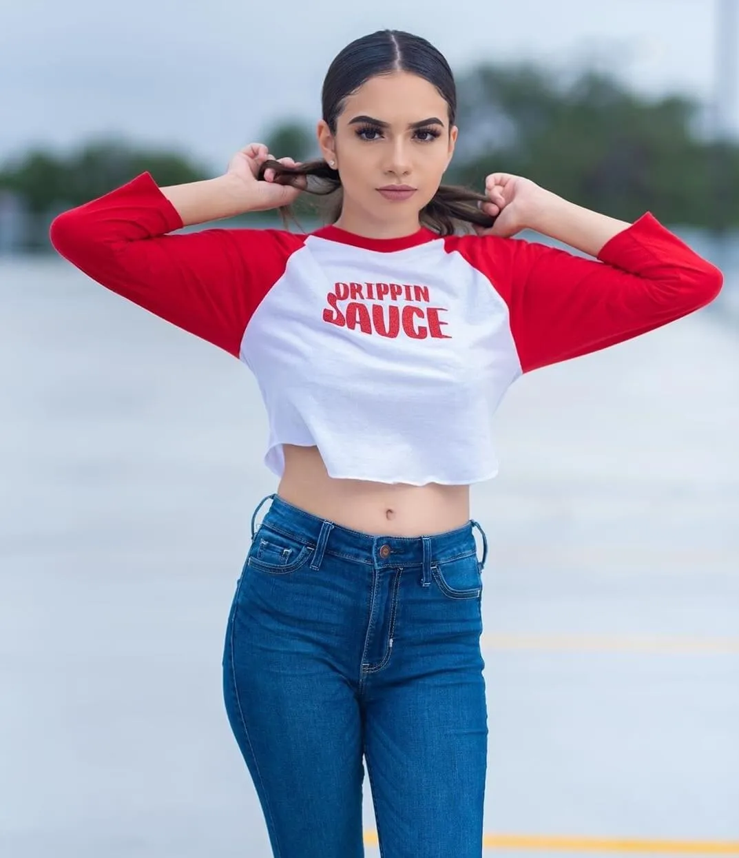 Red Glitter Drippin Sauce | Cropped White/Red Baseball Tee
