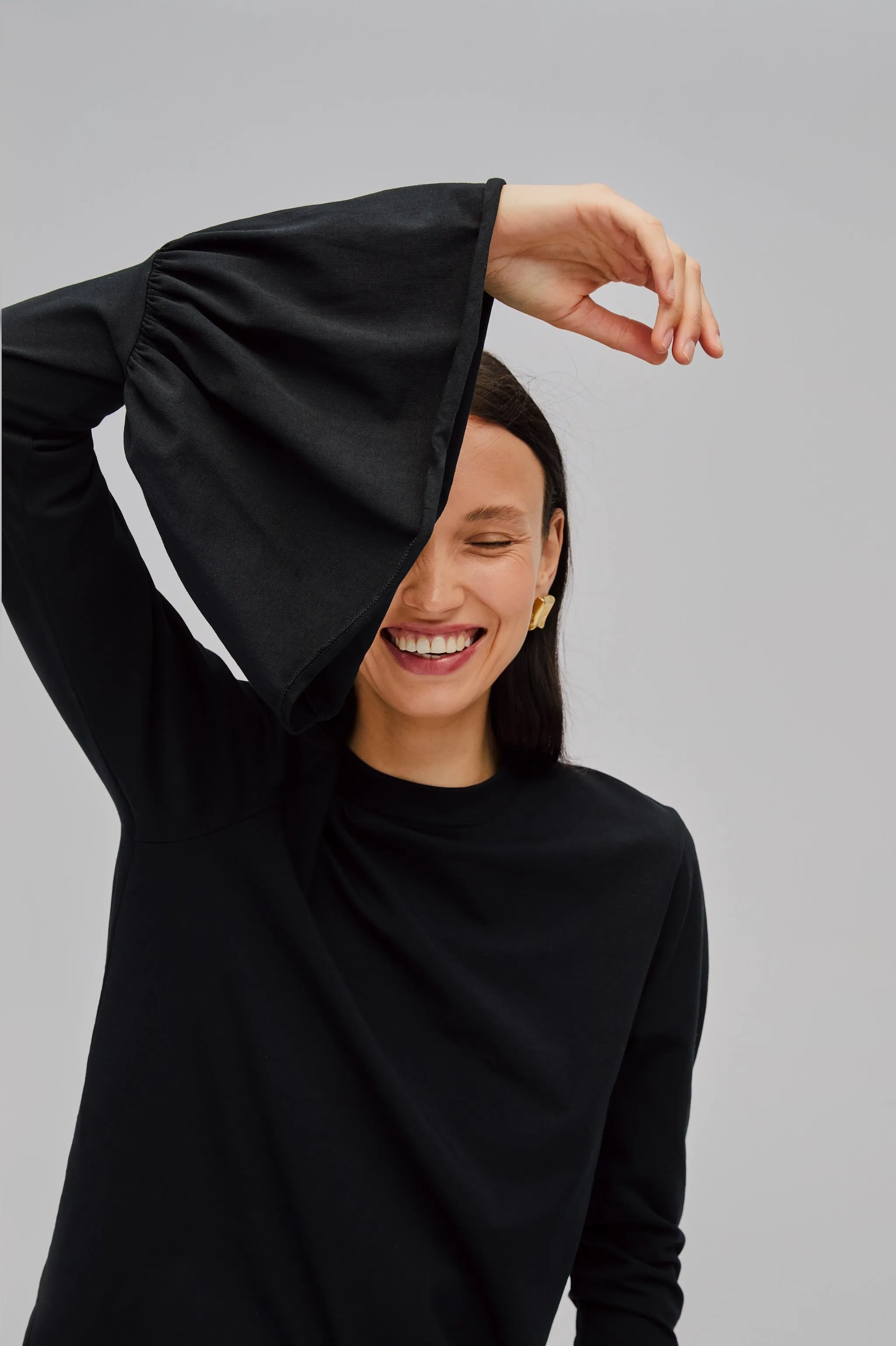 Ruffled Long Sleeve Stretch Cotton Jersey T-shirt in Black